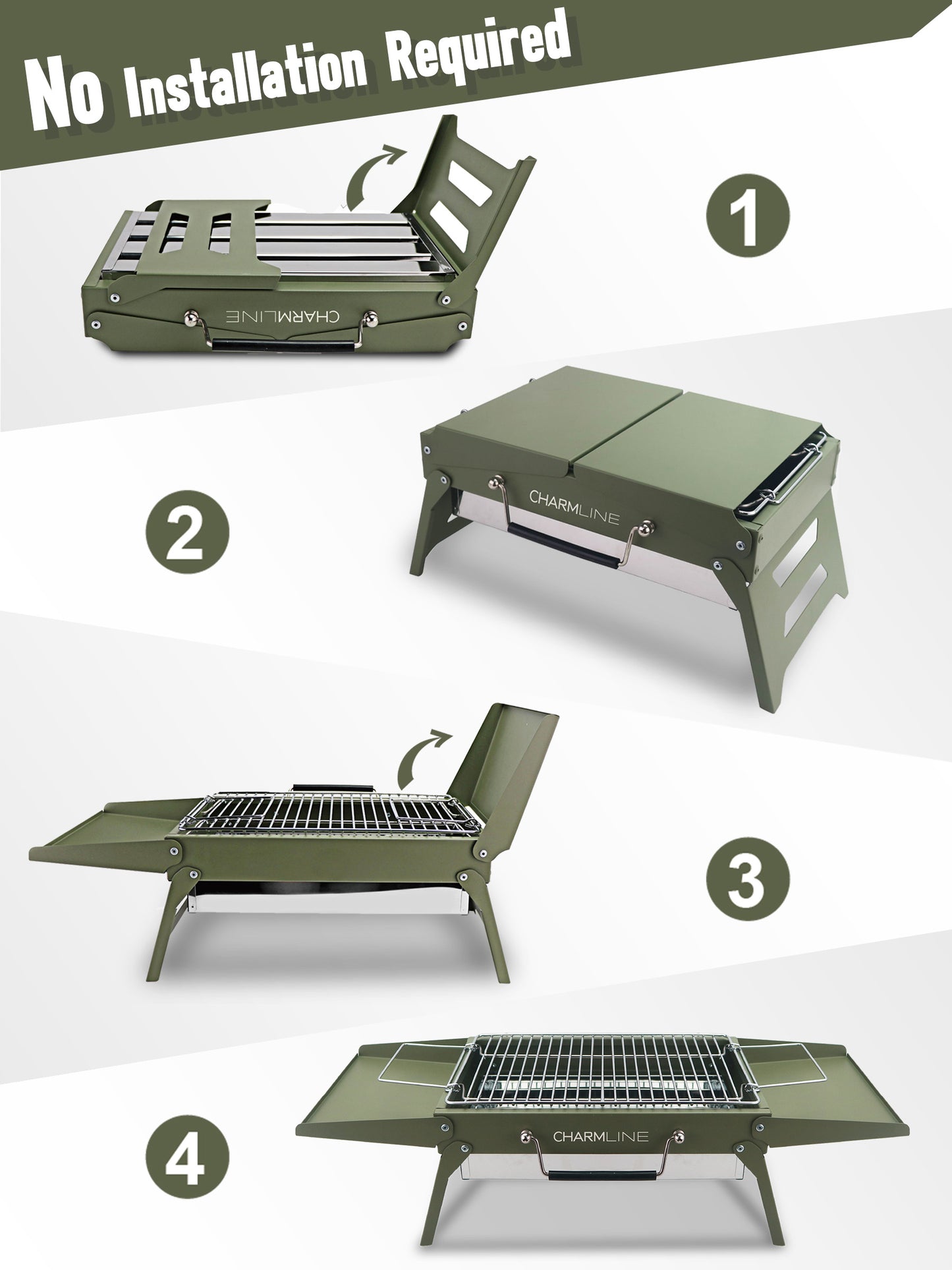 Charmline 14x9inch Desktop Charcoal Grill, Liftable Grilling Net, Saving Space Grill for Indoor and Outdoor, BBQ Grill for Camping, Gardens, Picnics, Beach Parties, Green