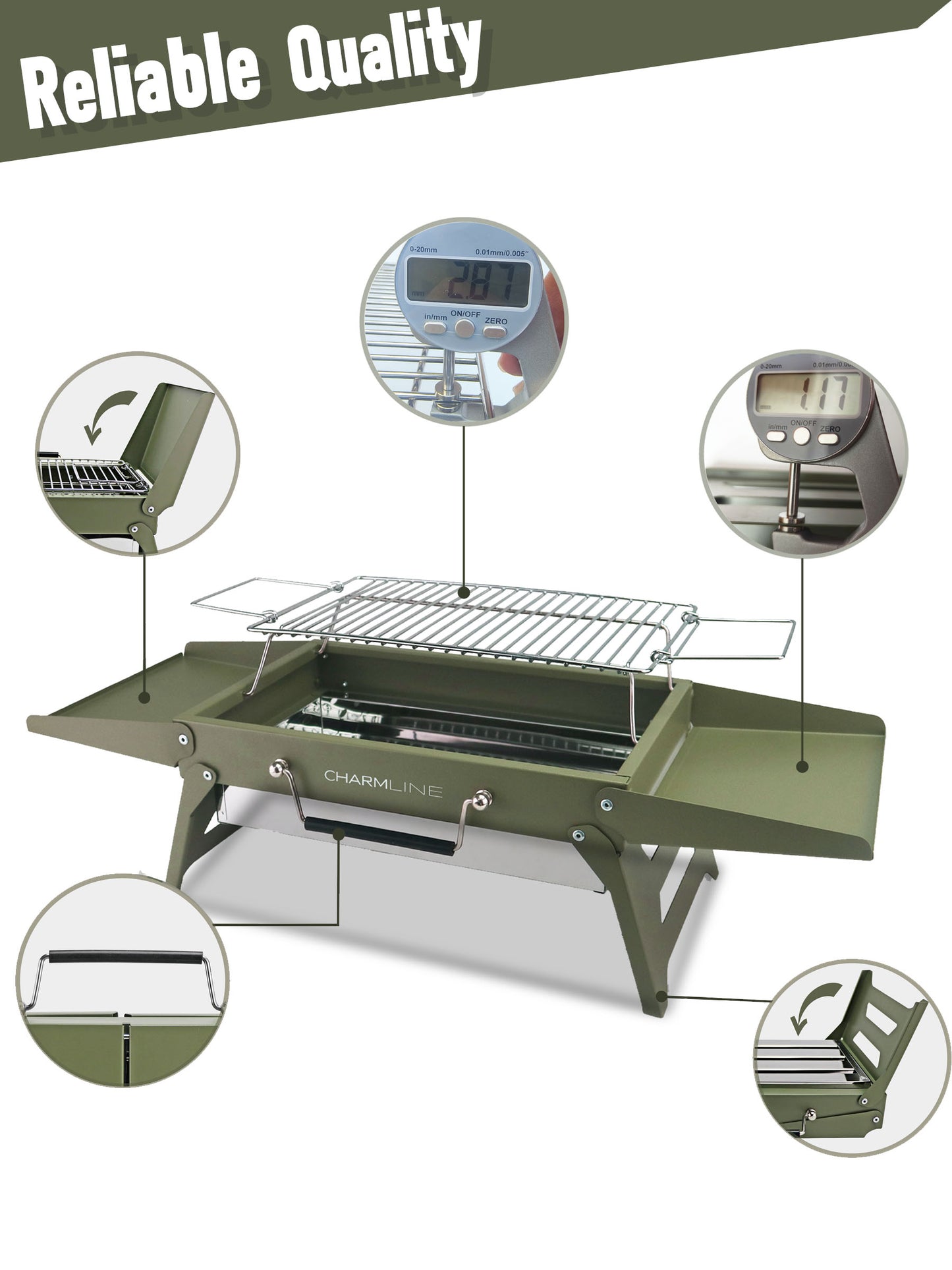 Charmline 14x9inch Desktop Charcoal Grill, Liftable Grilling Net, Saving Space Grill for Indoor and Outdoor, BBQ Grill for Camping, Gardens, Picnics, Beach Parties, Green