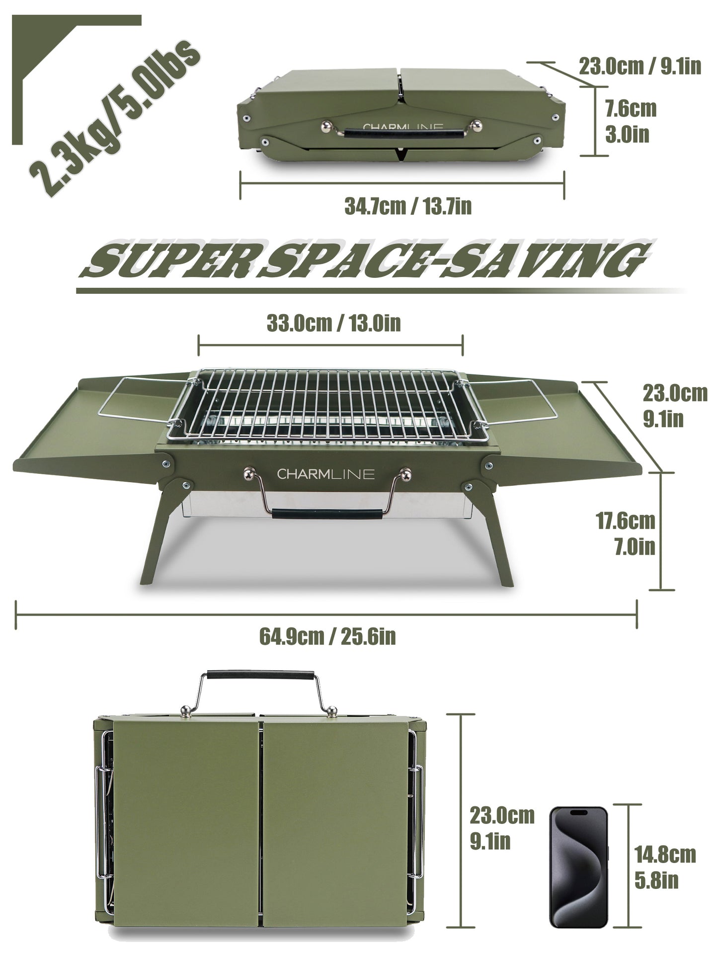 Charmline 14x9inch Desktop Charcoal Grill, Liftable Grilling Net, Saving Space Grill for Indoor and Outdoor, BBQ Grill for Camping, Gardens, Picnics, Beach Parties, Green