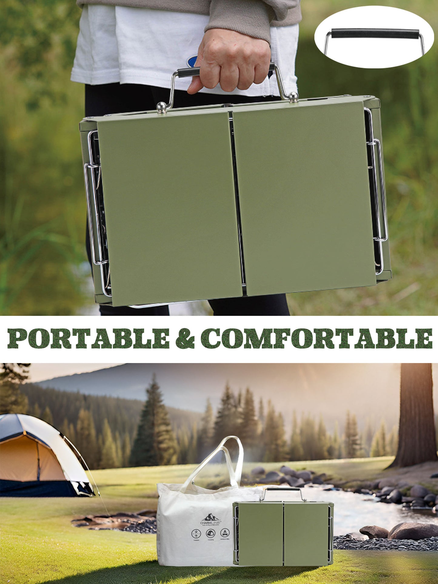 Charmline 14x9inch Desktop Charcoal Grill, Liftable Grilling Net, Saving Space Grill for Indoor and Outdoor, BBQ Grill for Camping, Gardens, Picnics, Beach Parties, Green