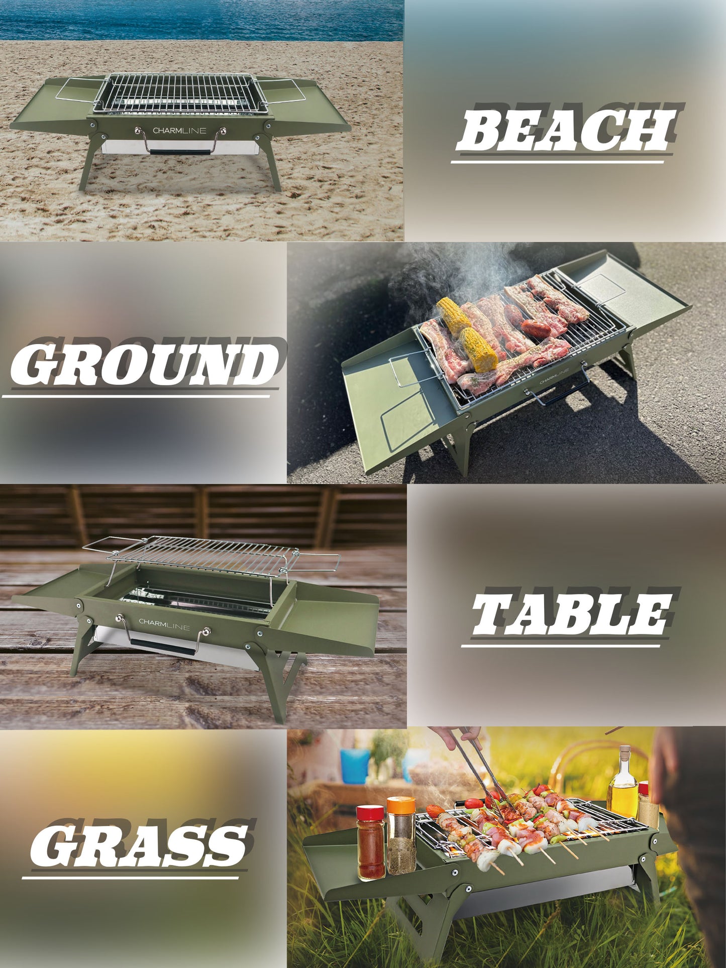 Charmline 14x9inch Desktop Charcoal Grill, Liftable Grilling Net, Saving Space Grill for Indoor and Outdoor, BBQ Grill for Camping, Gardens, Picnics, Beach Parties, Green