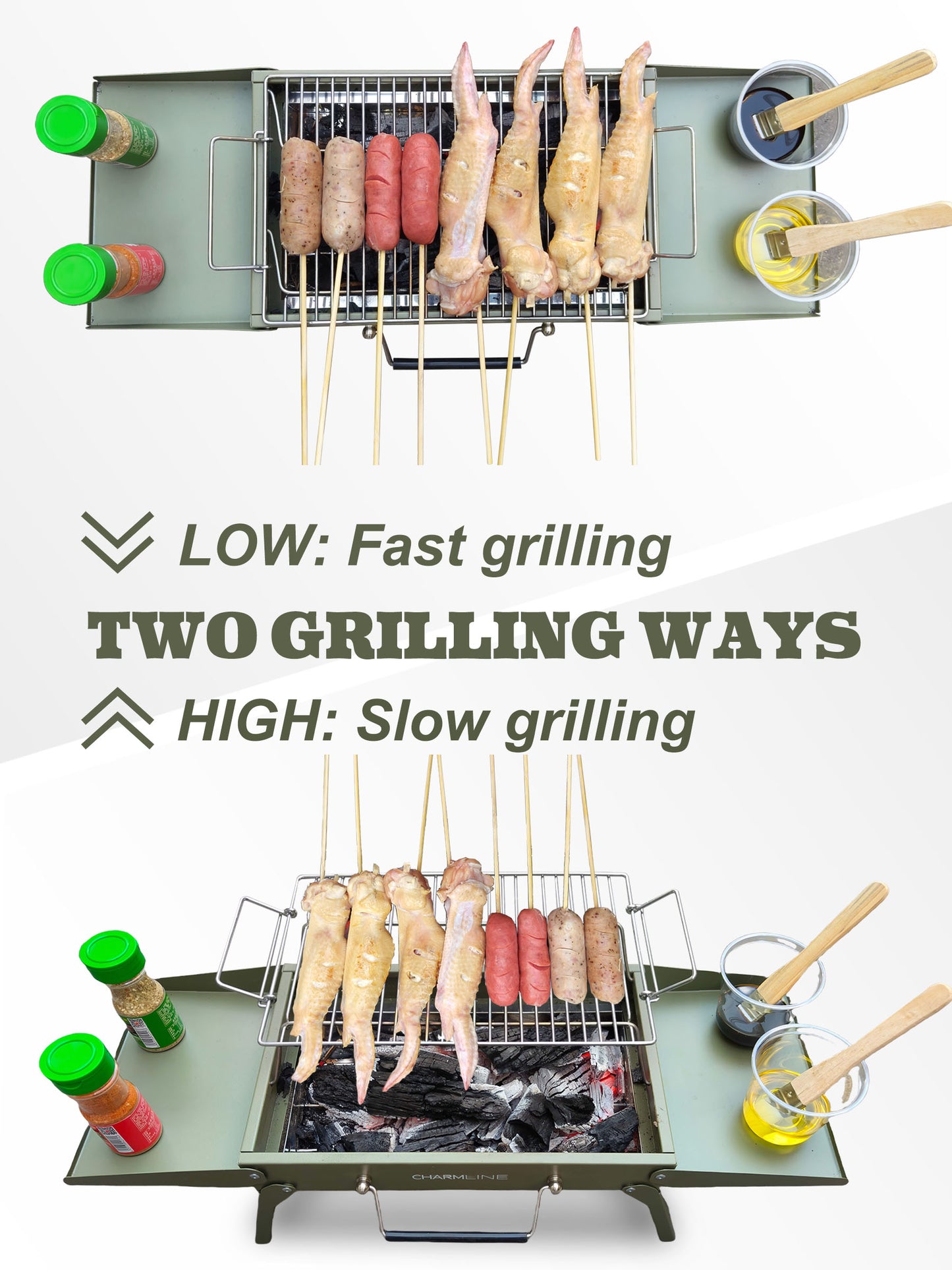 Charmline 14x9inch Desktop Charcoal Grill, Liftable Grilling Net, Saving Space Grill for Indoor and Outdoor, BBQ Grill for Camping, Gardens, Picnics, Beach Parties, Green