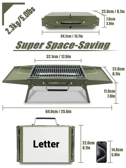 Charmline 14 x 9 inches Small Portable Charcoal BBQ Grill, Foldable Compact Camping Barbecue for 1–3 People, Ideal for Garden, Beach, Picnic & Tabletop Use, Green
