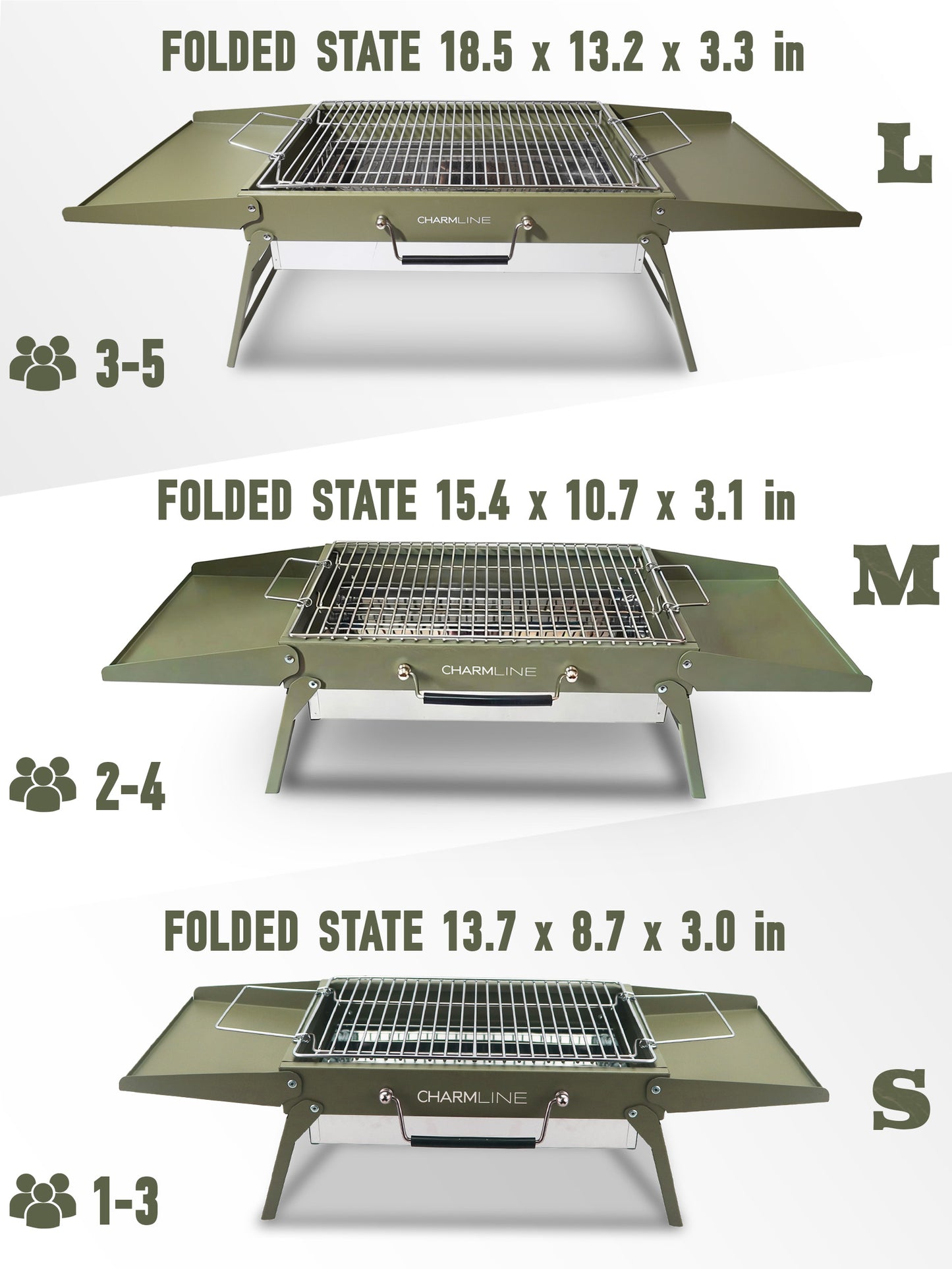 Charmline 18 x 13 inches Large Foldable Portable Charcoal BBQ Grill, Camping BBQ Grill for 3–5 People, Ideal for Camping, Garden, Beach, Picnic & Tabletop Use, Green
