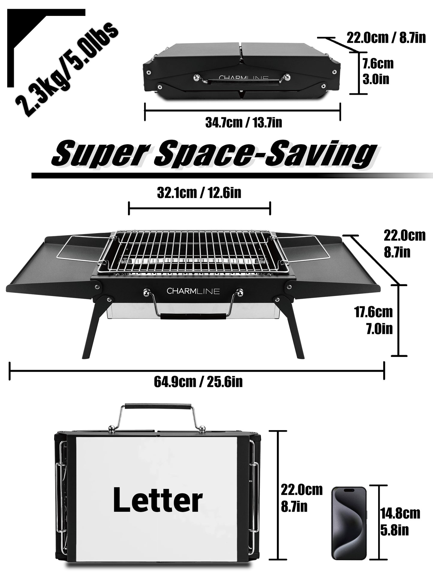 Charmline 14 x 9 inches Small Portable Charcoal BBQ Grill, Foldable Compact Camping Barbecue for 1–3 People, Ideal for Garden, Beach, Picnic & Tabletop Use, Black