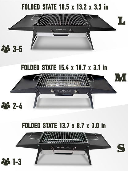 Charmline 14 x 9 inches Small Portable Charcoal BBQ Grill, Foldable Compact Camping Barbecue for 1–3 People, Ideal for Garden, Beach, Picnic & Tabletop Use, Black