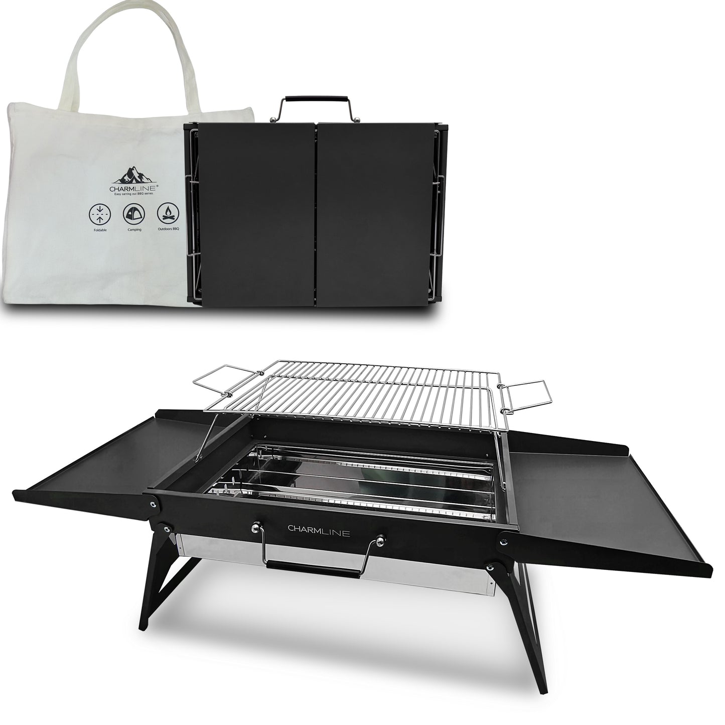 Charmline 18 x 13 inches Large Foldable Portable Charcoal BBQ Grill, Camping BBQ Grill for 3–5 People, Ideal for Camping, Garden, Beach, Picnic & Tabletop Use, Black