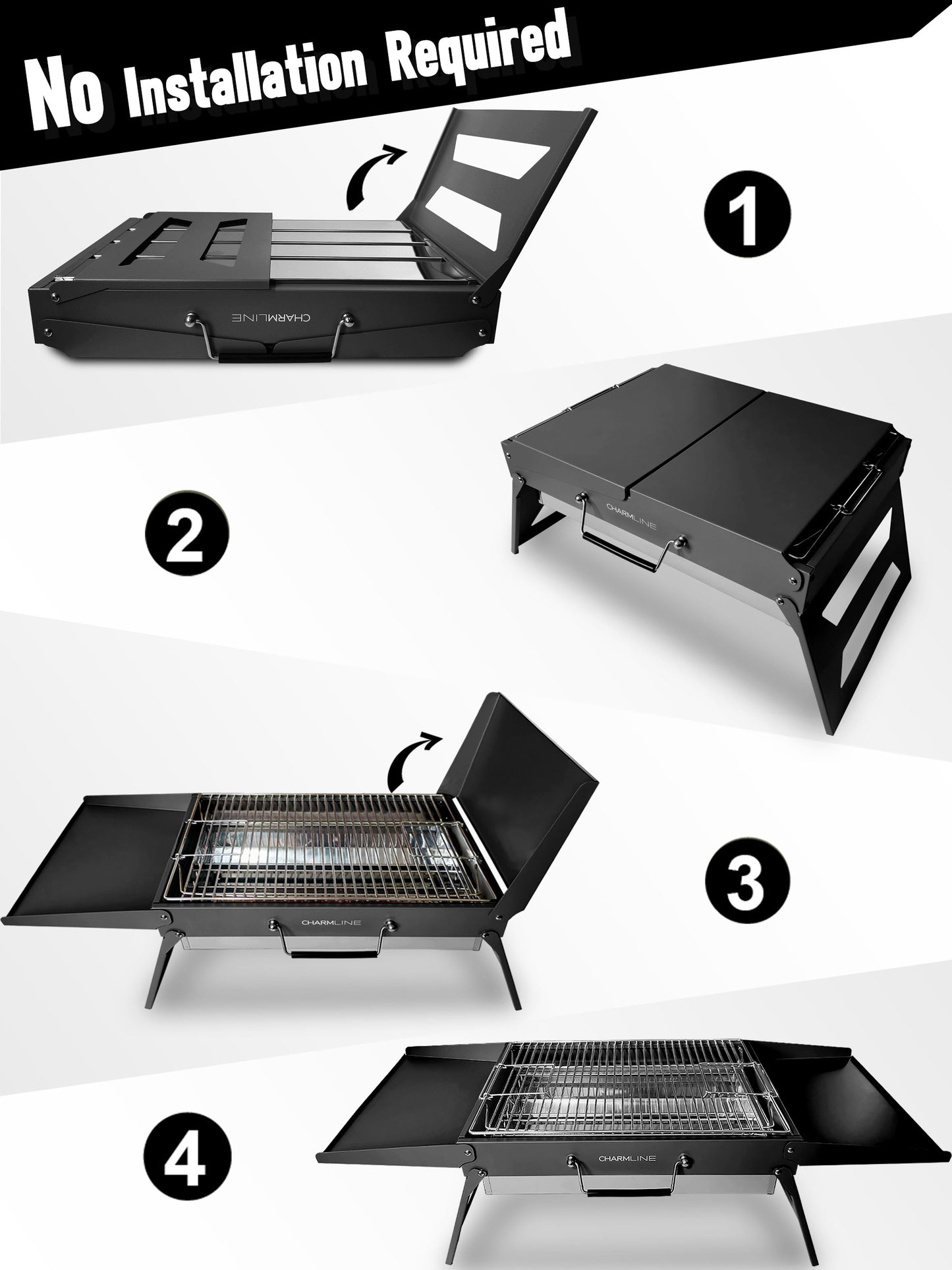 Charmline 18 x 13 inches Large Foldable Portable Charcoal BBQ Grill, Camping BBQ Grill for 3–5 People, Ideal for Camping, Garden, Beach, Picnic & Tabletop Use, Black