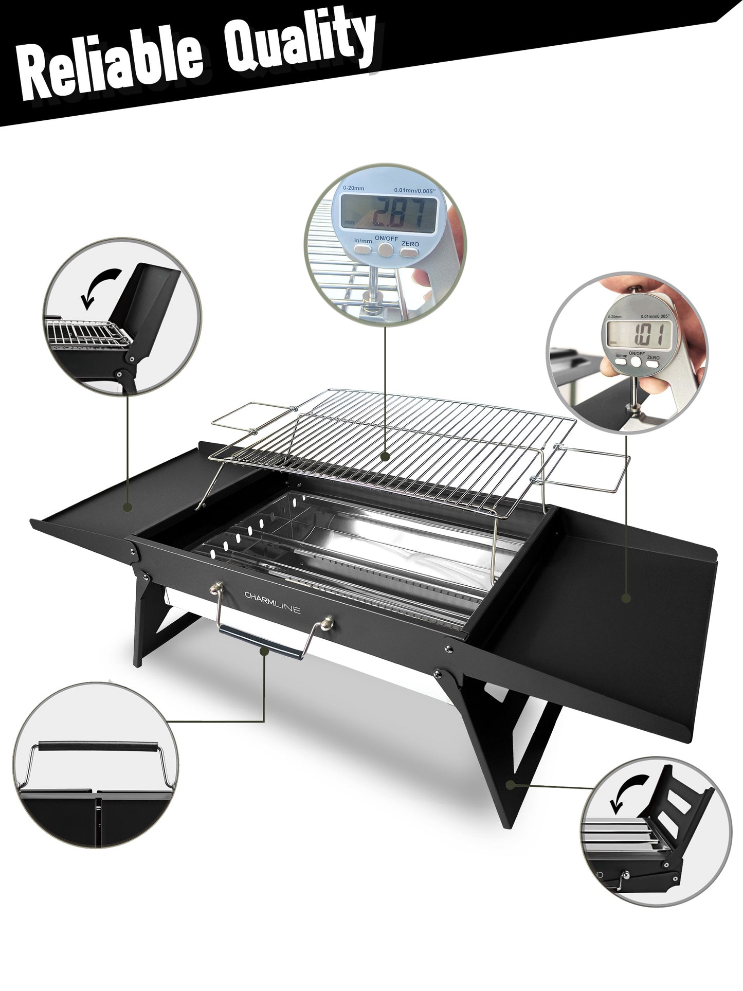 Charmline 18 x 13 inches Large Foldable Portable Charcoal BBQ Grill, Camping BBQ Grill for 3–5 People, Ideal for Camping, Garden, Beach, Picnic & Tabletop Use, Black