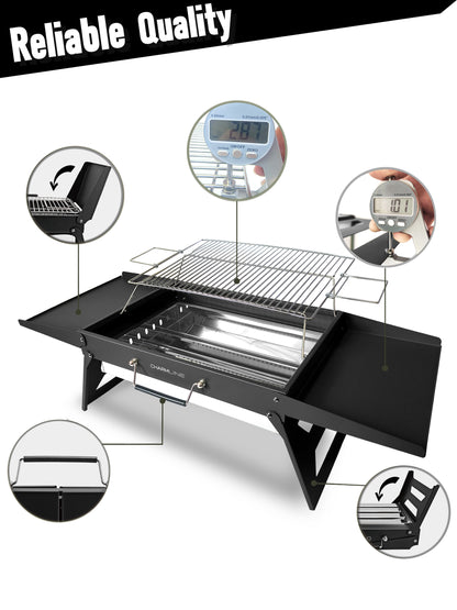 Charmline 18 x 13 inches Large Foldable Portable Charcoal BBQ Grill, Camping BBQ Grill for 3–5 People, Ideal for Camping, Garden, Beach, Picnic & Tabletop Use, Black