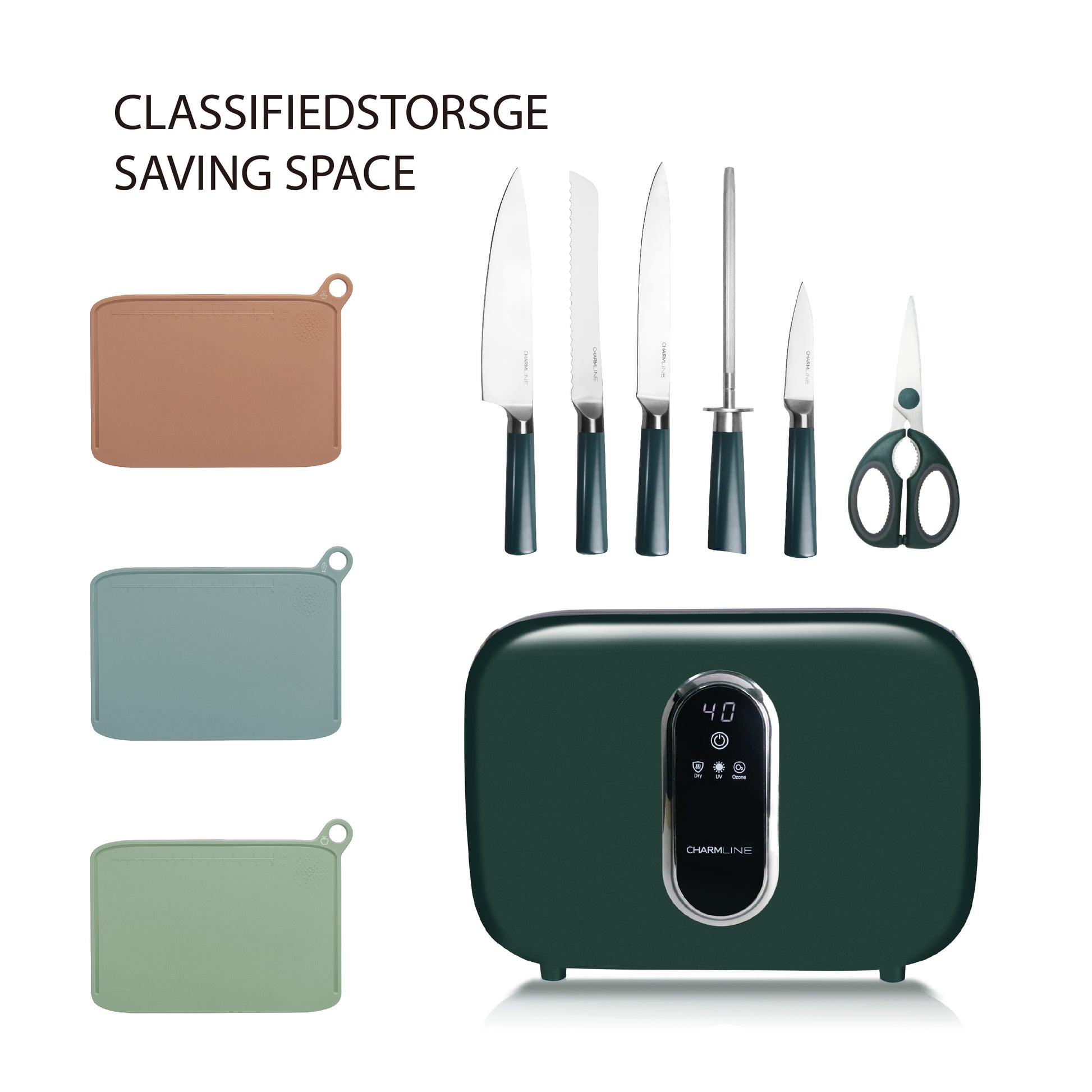 Charmline Smart Cutting Board Set, Chopping Board Self Cleaning Holder with  3pcs Cutting Boards, 4 knives, Scissors and Knife Sharpeners, Drying
